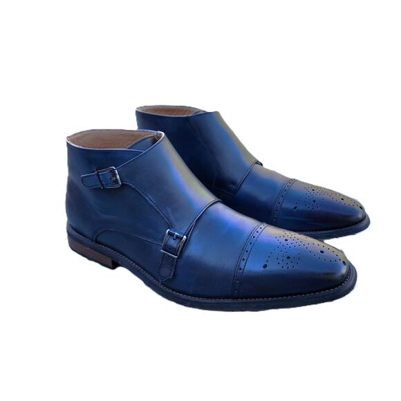 La Milano Blue Burnished Leather Double Monk Strap Cap Toe Boots 13 - Picture 13 of 13